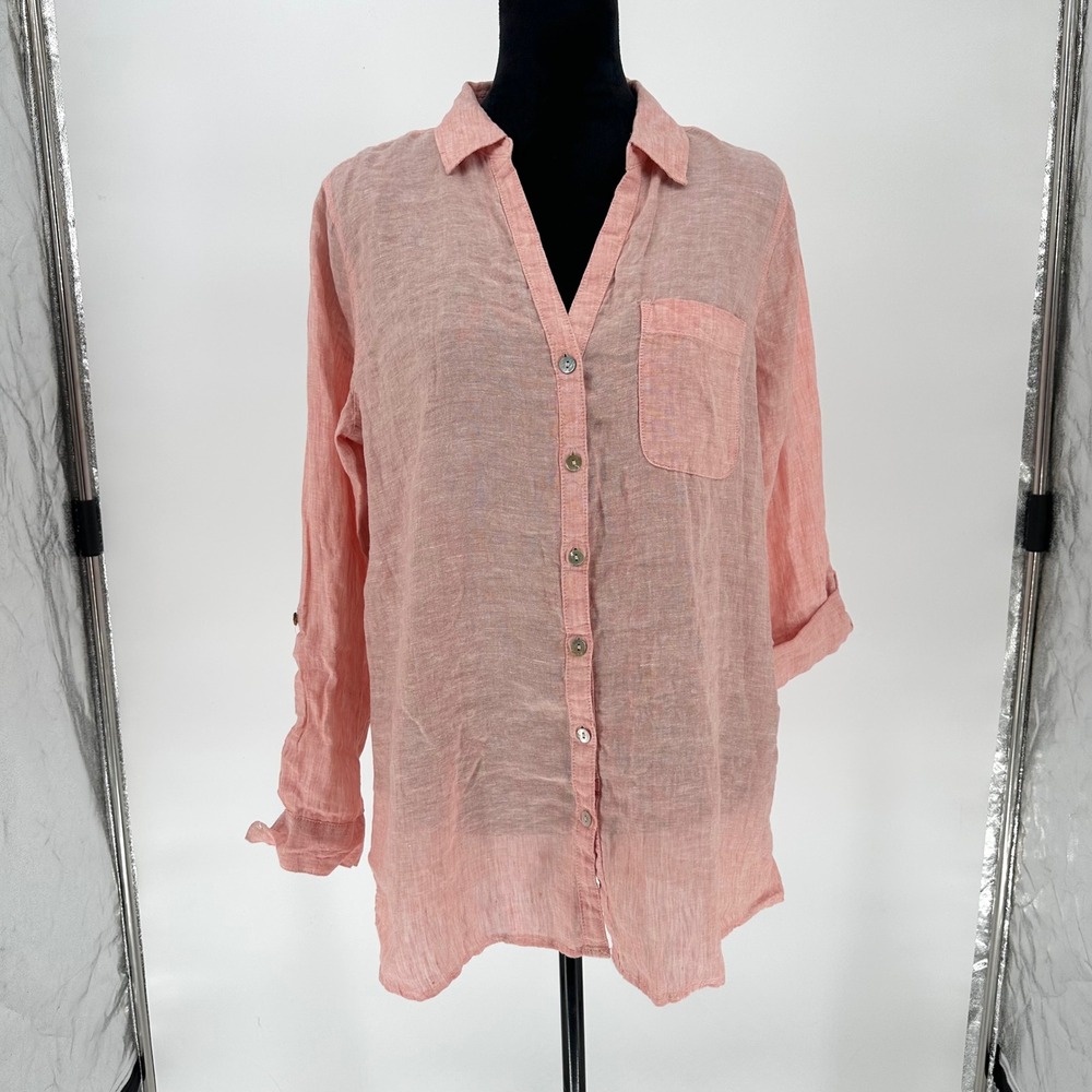 NEW Sigrid Olsen 100% Linen Button Up Roll Tab Sleeve Tunic Top Pink Women's L